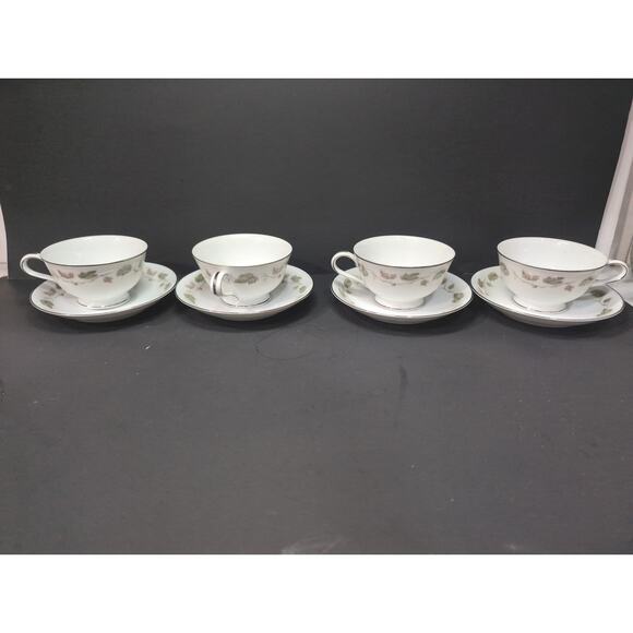 Noritake China Cup & Saucer Set, Vineyard Design, Brown & Green Leaves, Set of 4 - Picture 1 of 10